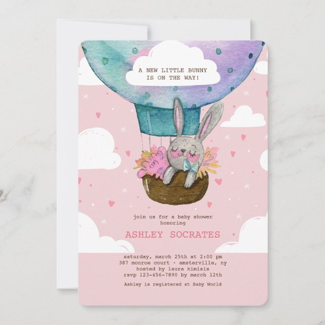 Convite para Chás de fraldas de coelho alto voador (Frente)