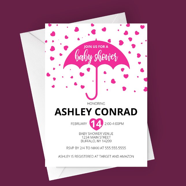 Convite para Chás de fraldas de dia de os namorado (Valentine's Day Baby Shower Invitation with Pink Umbrella and Hearts)