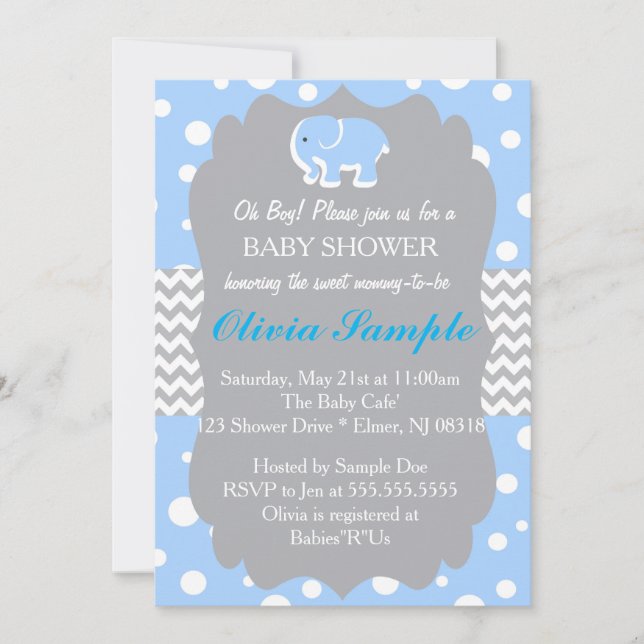 Convite para Chás de fraldas de elefante, Azul e C (Frente)