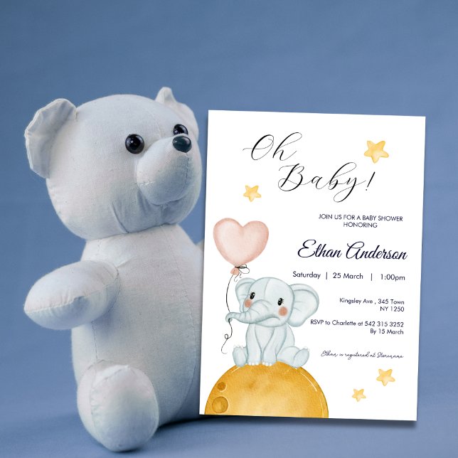 Convite para Chás de fraldas de elefante bebê (Oh Baby Elephant Balloon Baby Shower Invite)