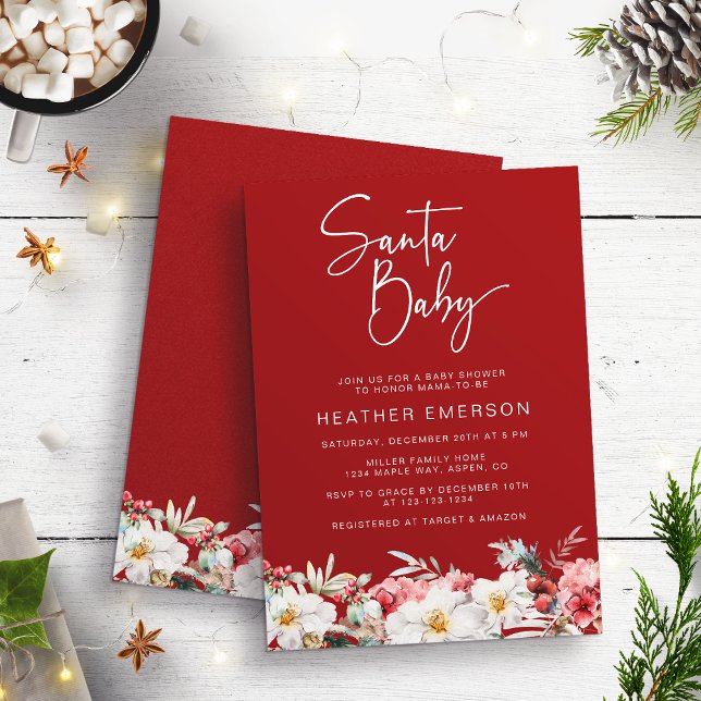 Convite para Chás de fraldas de Feriado do Bebê pa (Red Santa Baby Watercolor Rustic Boho Botanical Floral Baby Shower Invitation by Painted Paperie)