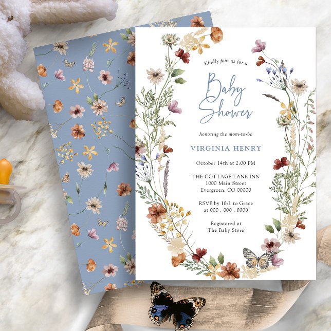 Convite para Chás de fraldas de flor selvagem azul (Dusty Blue Boho Wildflower Baby Shower Invitation with Butterfly by Painted Paperie
)