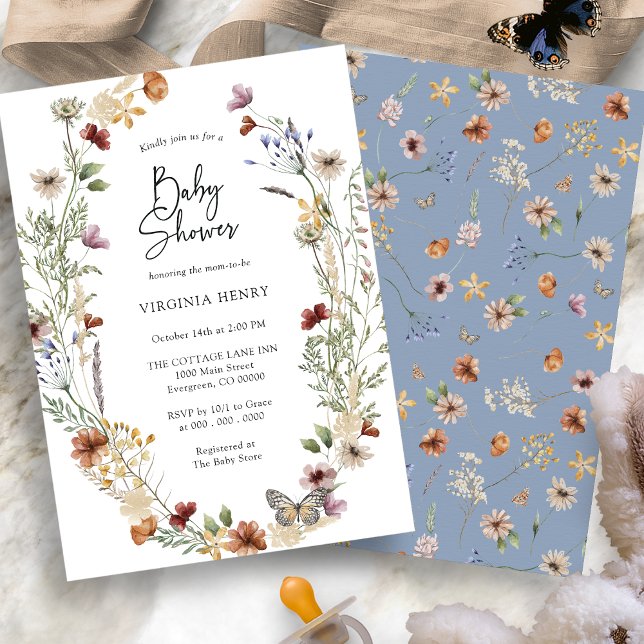 Convite para Chás de fraldas de flor selvagem azul (Dusty Blue Wildflower Boho Baby Shower Invitation by Painted Paperie
)