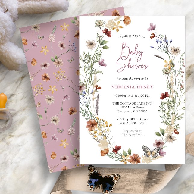 Convite para Chás de fraldas de flor selvagem rosa (Dusty Pink Boho Wildflower Baby Shower Invitation with Butterfly by Painted Paperie
)