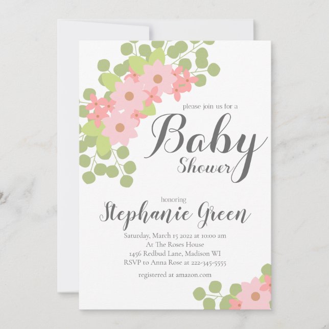 Convite para Chás de fraldas de Flores Rosa Pastel (Frente)