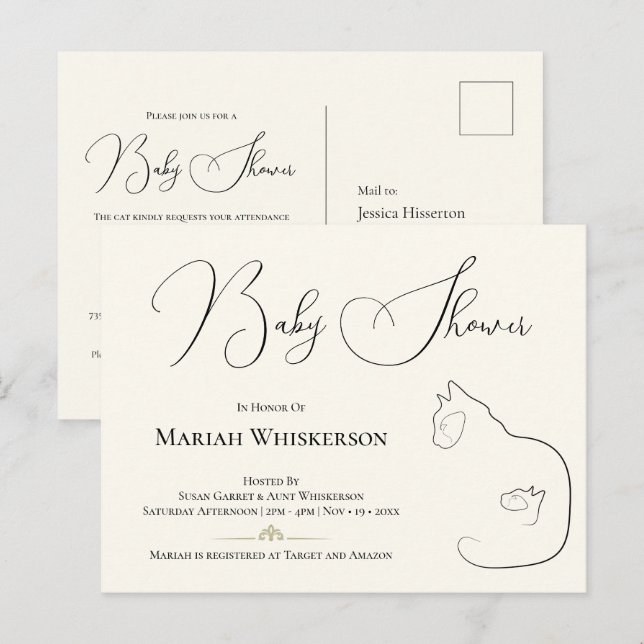 Convite para Chás de fraldas de Gato e Kitten Eleg (Frente/Verso)