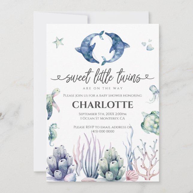 Convite para Chás de fraldas de gêmeos da vida mar (Frente)