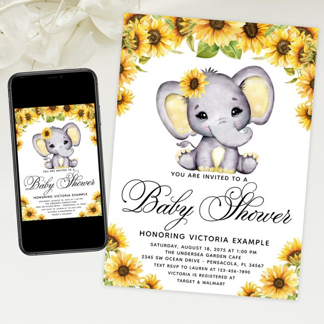 Convite para Chás de fraldas de girassol de elefan (Sunflower elephant baby shower invitation with cute baby elephant and sunflowers. Print & Download)