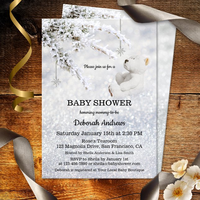 Convite para Chás de fraldas de inverno para neve  (Dreamy and magical gender neutral baby shower invitation with a teddy bear in a sparkling snow scene)