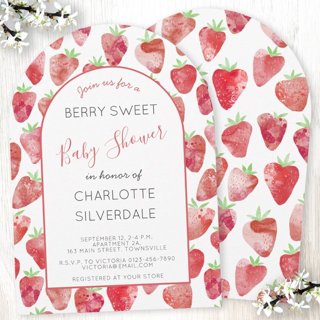 Convite para Chás de fraldas de morango (Strawbery watercolor Berry Sweet arch shaped personalized baby shower invitation )