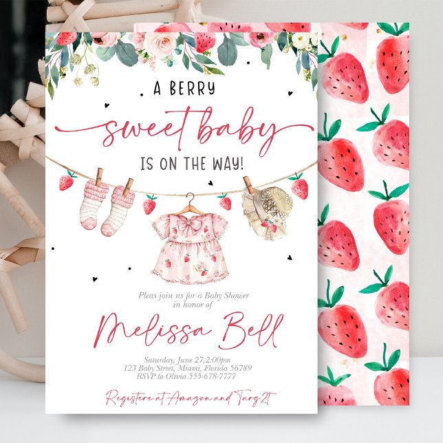 Convite para Chás de fraldas de morango (Discover charming strawberry-themed baby shower invitations and decor! Perfect for spring and summer)