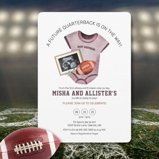 Convite para Chás de fraldas de Quarterback Futuro (Football-themed baby shower invite celebrating your future quarterback’s arrival.)