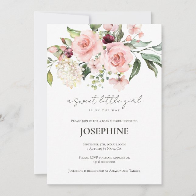 Convite para Chás de fraldas de Rosas Rosa (Frente)