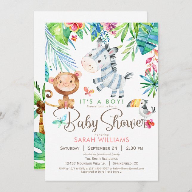 Convite para Chás de fraldas de Selva, Menino ou R (Frente/Verso)