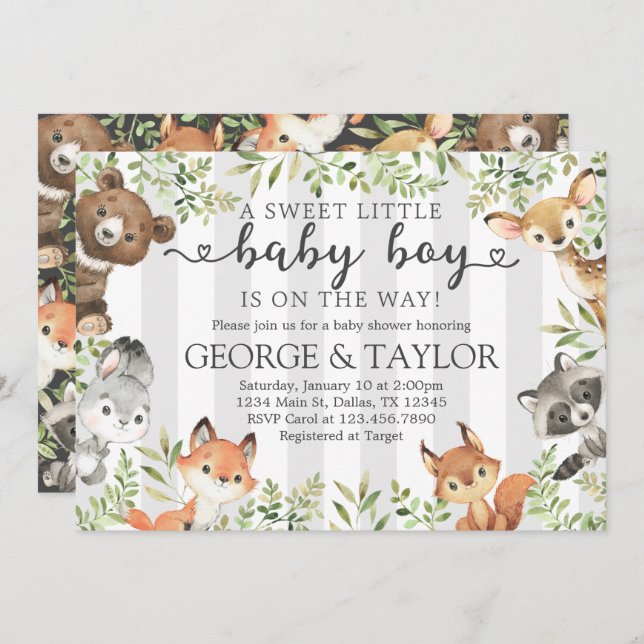 Convite para Chás de fraldas de Woodland Animal (Frente/Verso)