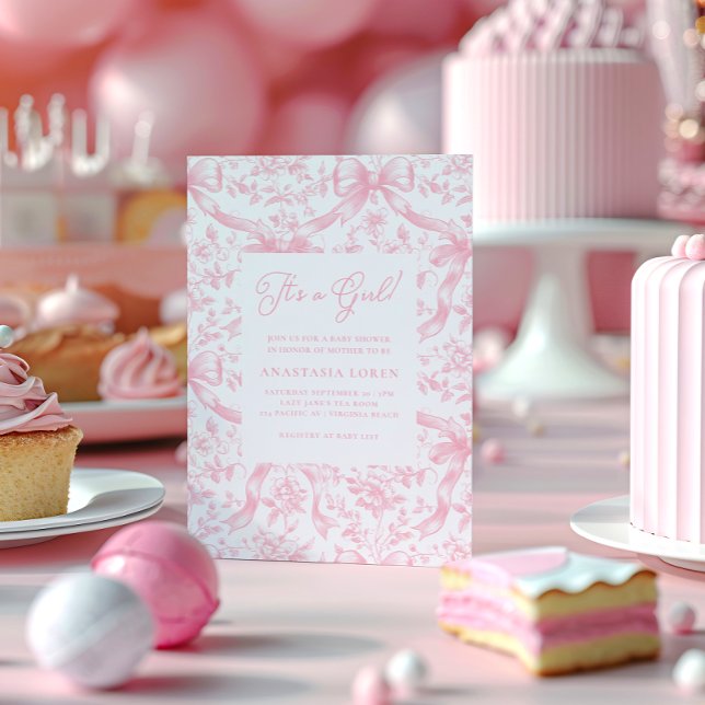 Convite para Chás de fraldas e Arcos Rosa (Pink Toile and Bows Girl Baby Shower Invitation)