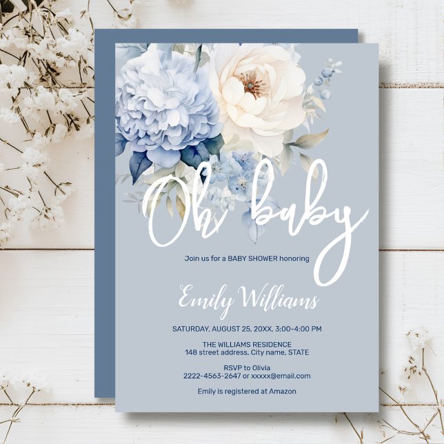 Convite para chás de fraldas florais, azuis e bran (Dusty blue watercolor flowers peonies rustic gender neutral baby shower invitation )
