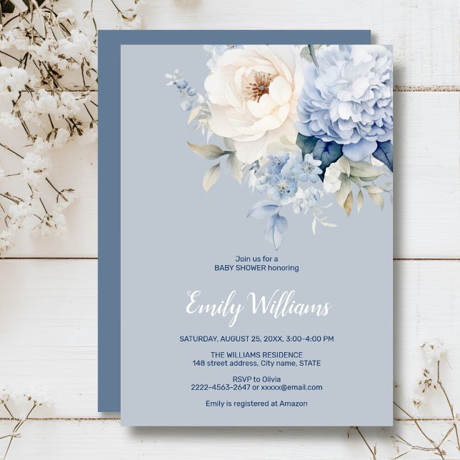 Convite para chás de fraldas florais, azuis e bran (Dusty blue watercolor flowers peonies rustic gender neutral baby shower invitation )