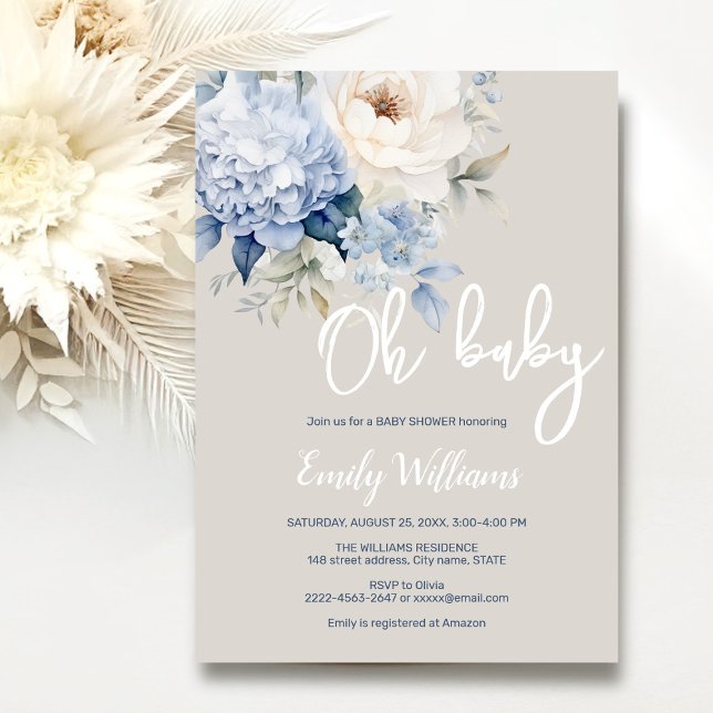 Convite para chás de fraldas florais, azuis e bran (Dusty blue watercolor flowers peonies rustic gender neutral baby shower invitation )