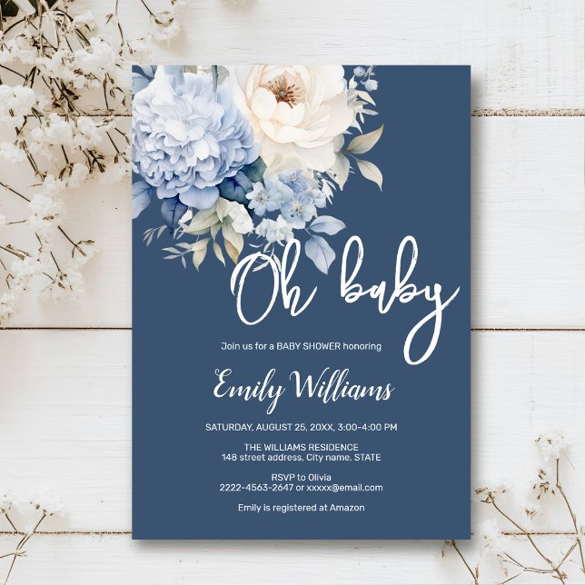 Convite para chás de fraldas florais, azuis e bran (Dusty blue watercolor flowers peonies rustic gender neutral baby shower invitation )