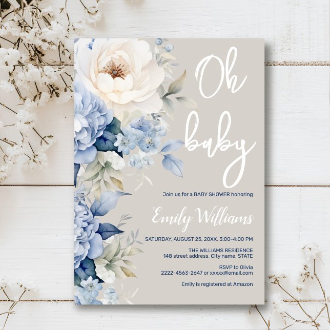 Convite para chás de fraldas florais, azuis e bran (Dusty blue watercolor flowers peonies rustic gender neutral baby shower invitation )