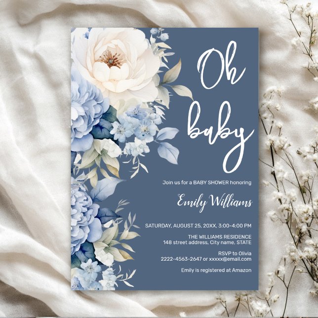 Convite para chás de fraldas florais, azuis e bran (Dusty blue watercolor flowers peonies rustic gender neutral baby shower invitation )