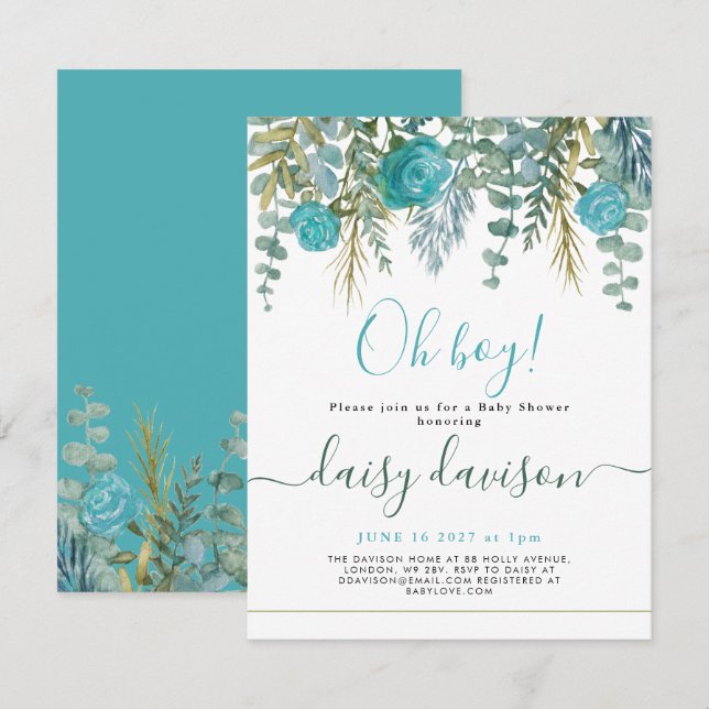 Convite para Chás de fraldas florais de aquarela (Frente/Verso)