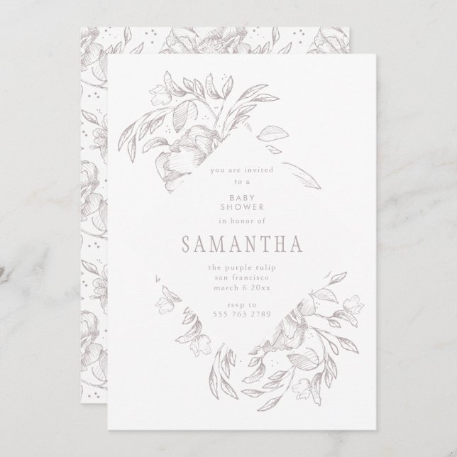 Convite para Chás de fraldas Florais Romântica Dia (Frente/Verso)