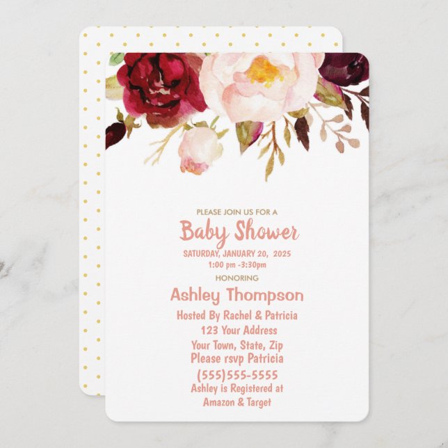 Convite para Chás de fraldas Floral Dourado e Rosa (Frente/Verso)