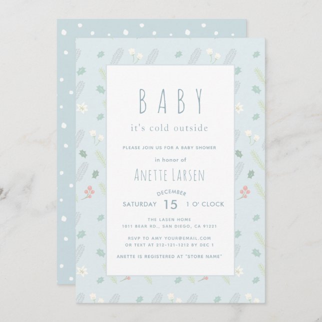 Convite para Chás de fraldas Floral e Folhagem Azu (Frente/Verso)