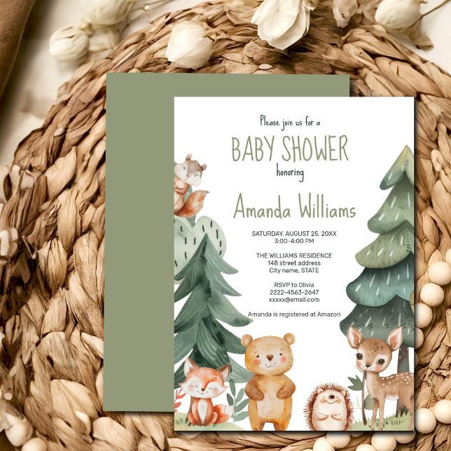 Convite para chás de fraldas florestais de madeira (Woodland watercolor animals baby shower invitation, sage green forest, gender neutral, boy, girl)