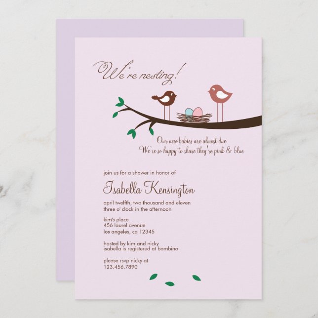 Convite para Chás de fraldas gêmeos de ovos cor-de (Frente/Verso)