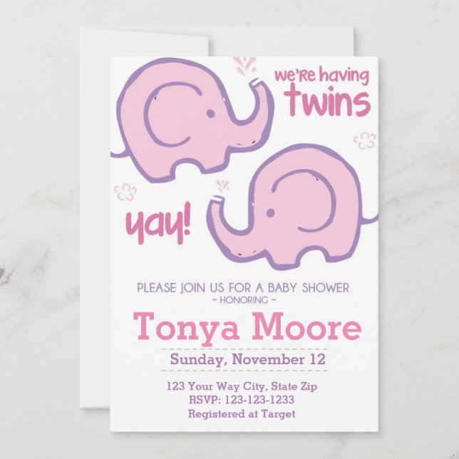 Convite para Chás de fraldas Gêmeos Elefantes (rap (Frente)