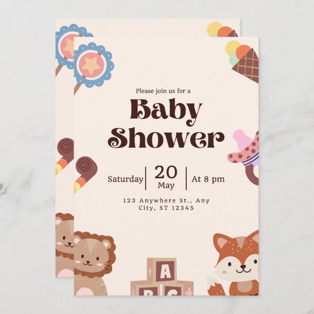 Convite para Chás de fraldas Ilustrativo Castanho (Frente/Verso)