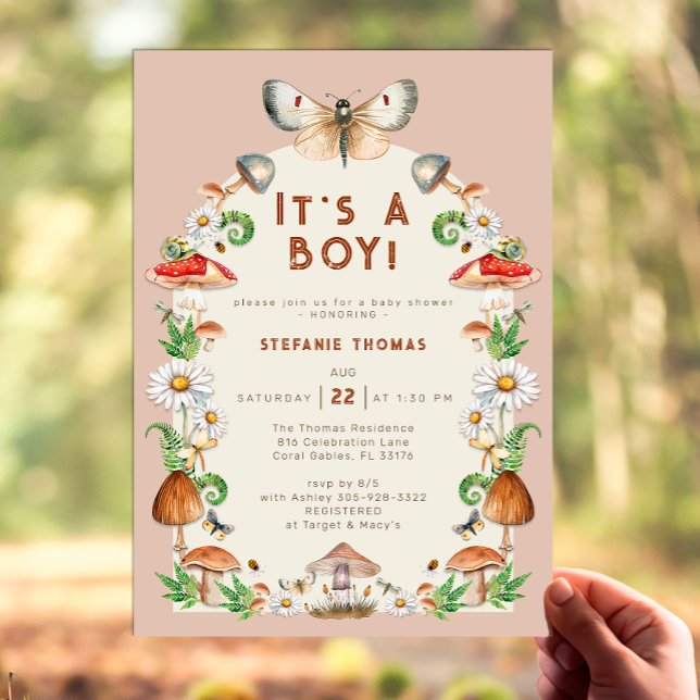 Convite para Chás de fraldas Insetos e Mushroom |  (It's A Boy Insects & Mushroom Woodland Baby Shower Invitation)