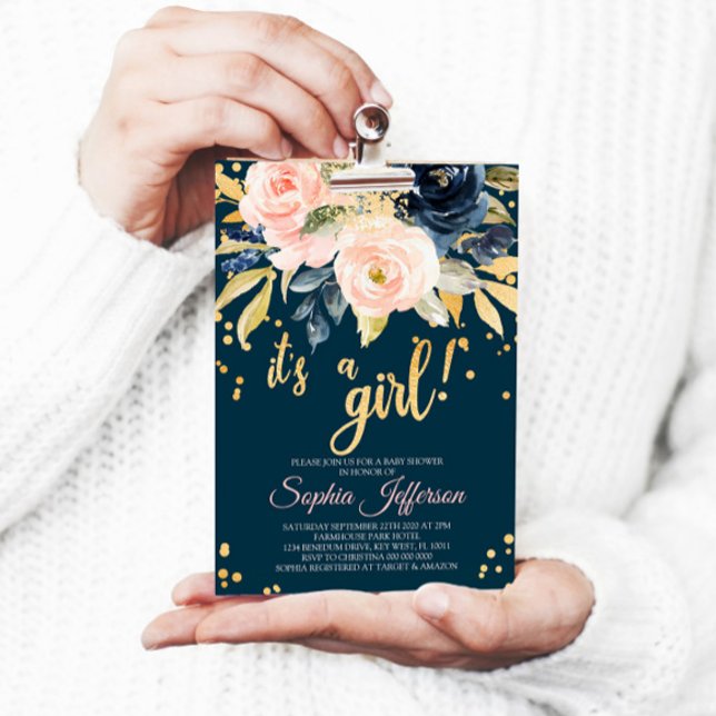 Convite para Chás de fraldas, Marinho e cor-de-ros (Criador carregado)