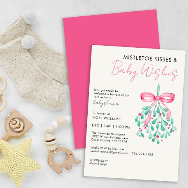 Convite para Chás de fraldas Misteriosos Rosa para (Pink Mistletoe Winter Baby Shower Invitation)