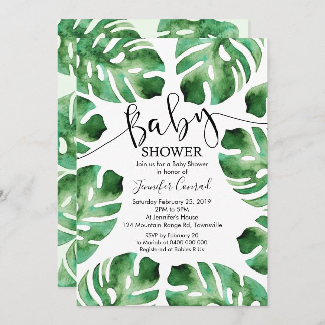 Convite para Chás de fraldas Monstera, Folhas Trop (Frente/Verso)