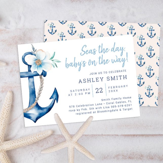 Convite para Chás de fraldas Náuticos | Azul Aquar (Nautical Baby Shower Invitation)
