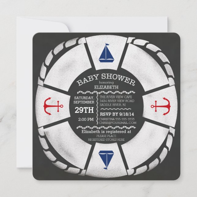 Convite para Chás de fraldas Náuticos de Quadro Mo (Frente)