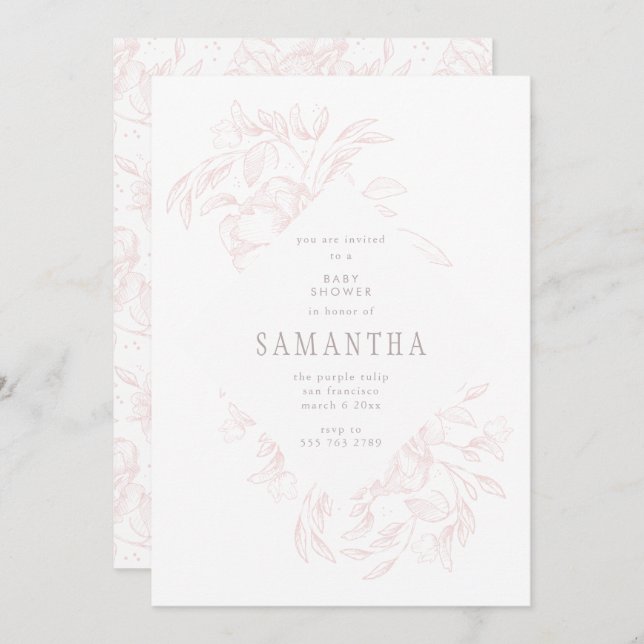 Convite para Chás de fraldas Românticos Rosa (Frente/Verso)