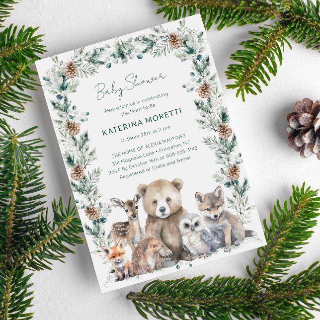 Convite para Chás de fraldas Rustic Woodland (This cute woodland animals baby shower invitations has a rustic feel but a clean modern aesthetic.)