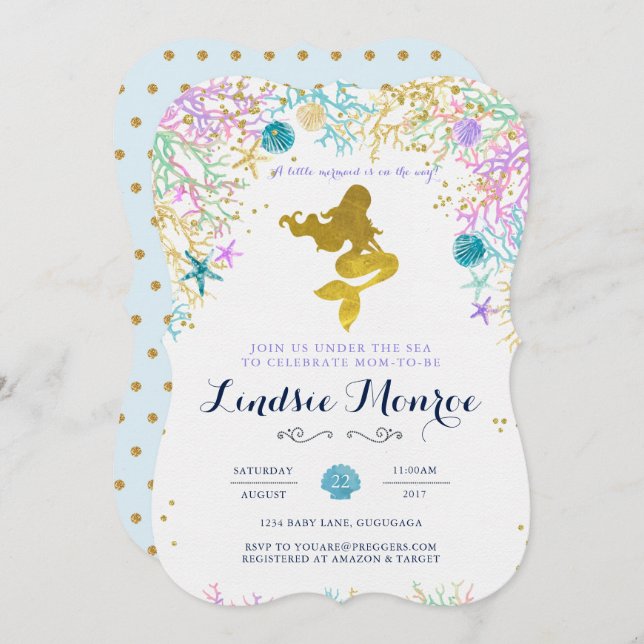 Convite para Chás de fraldas Sereia (Frente/Verso)