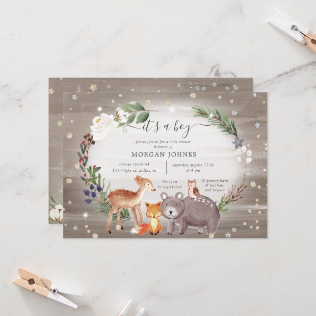 Convite para Chás de fraldas Sparkle Forest Woodla (Frente/Verso In Situ)