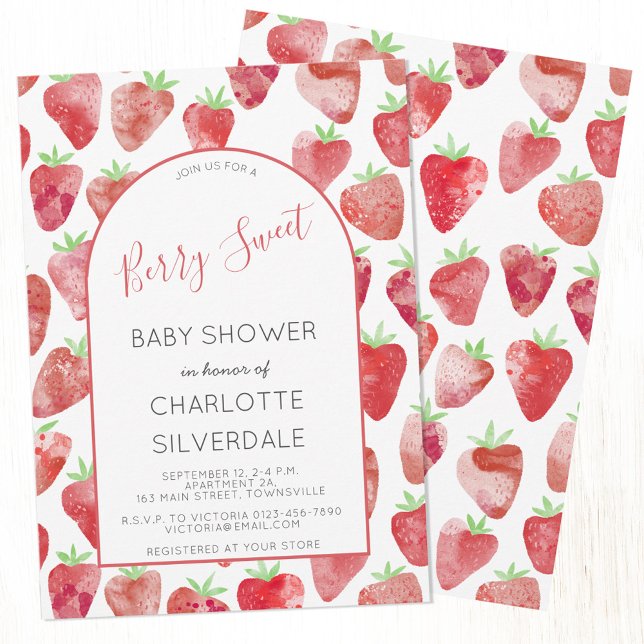 Convite para Chás de fraldas Strawberry Berry Swee (Berry Sweet watercolor strawberry pattern custom text baby shower invitation)