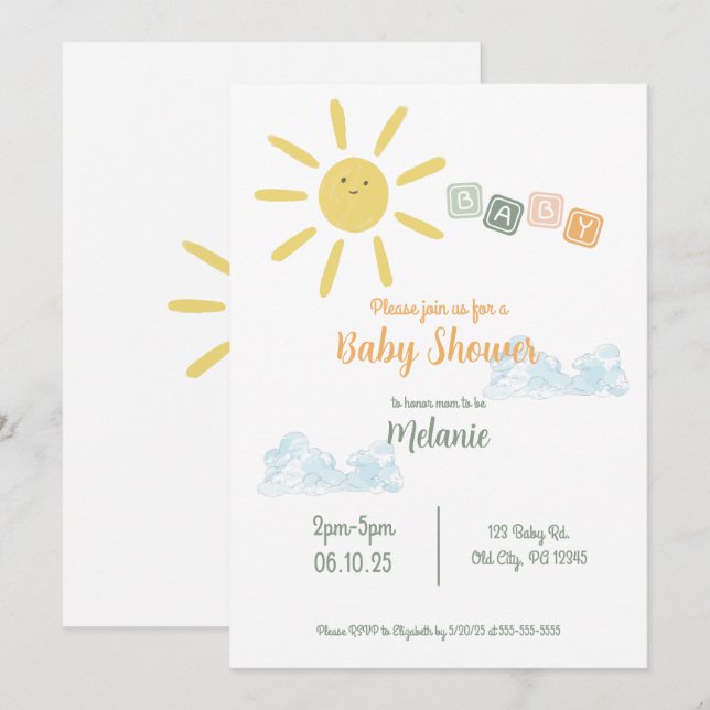 Convite para Chás de fraldas Sunshine (Frente/Verso)