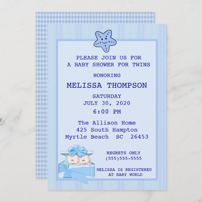 Convite para Chás de fraldas Twin Boys (Frente/Verso)