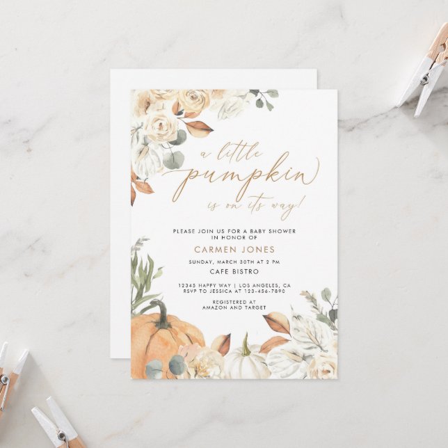 Convite para Chás de fraldas, uma abóbora (Frente/Verso In Situ)