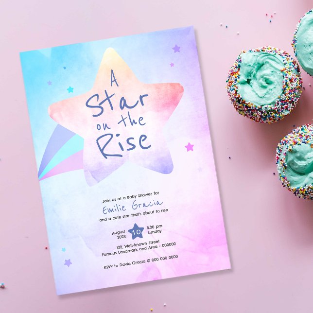 Convite para chás de fraldas | Uma estrela em asce (cute baby shower invitation card | pink and blue, shining, star, watercolor, hand drawn effect)