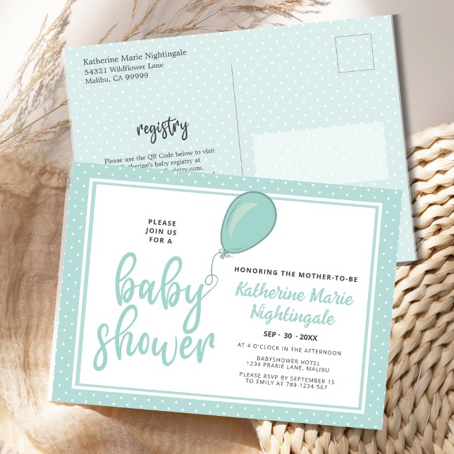 Convite para Chás de fraldas verdes de Pastel neut (Mint Green Gender Neutral Baby Shower Invitation Postcard with Polka Dots, Balloon, Registry.)